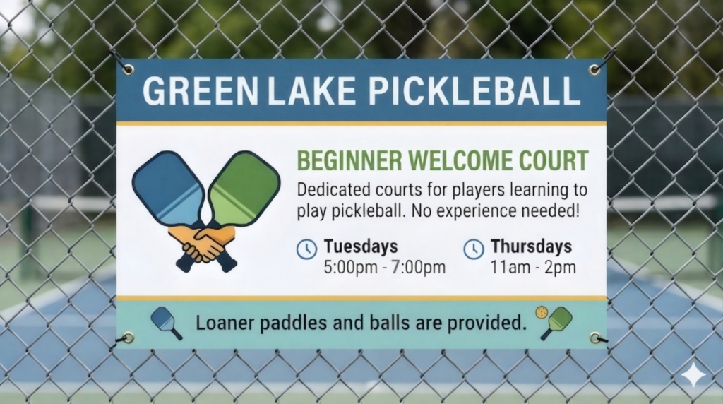 Beginner Welcome Courts flyer — Tuesdays 5:00–7:00 PM and Thursdays 11:00 AM–2:00 PM at Green Lake East