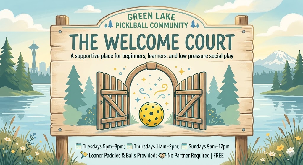 GREEN LAKE PICKLEBALL COMMUNITY THE WELCOME COURT A supportive place for beginners, learners, and low pressure social play
