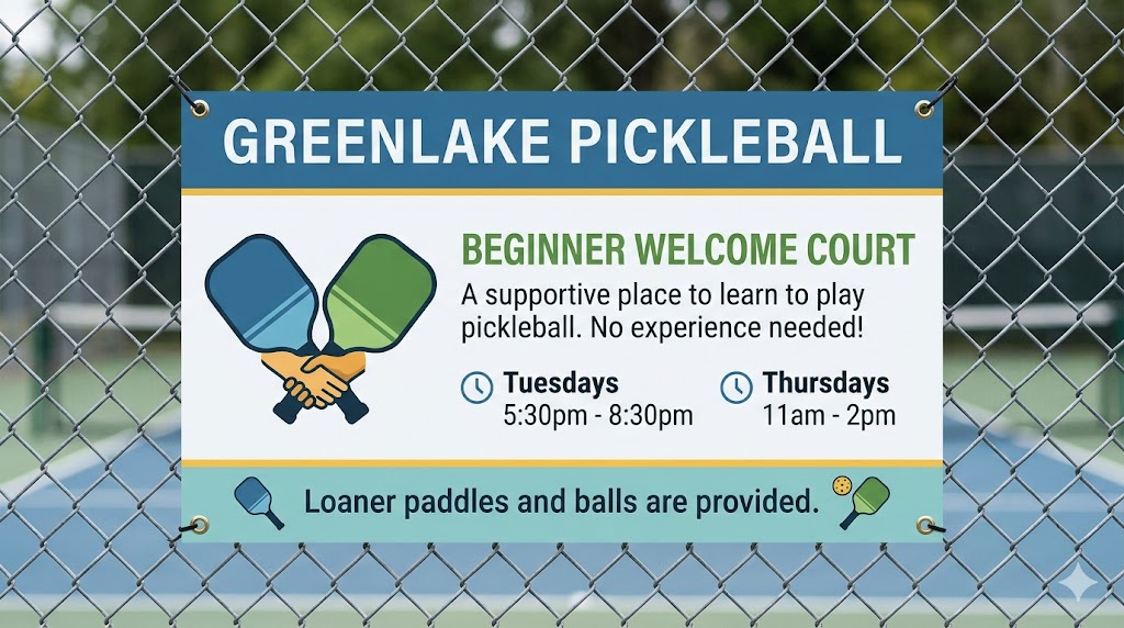 Green Lake Pickleball, Beginner Welcome Courts Sign